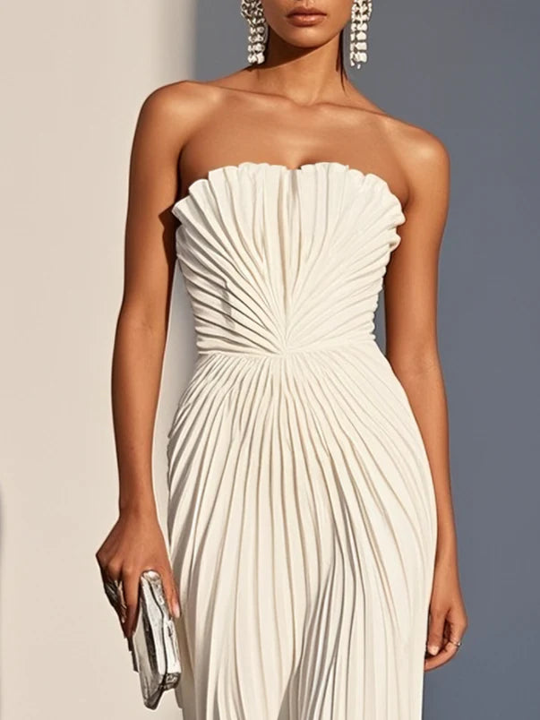 White Pleated Classic Strapless Sleeveless A-Line Maxi Dress