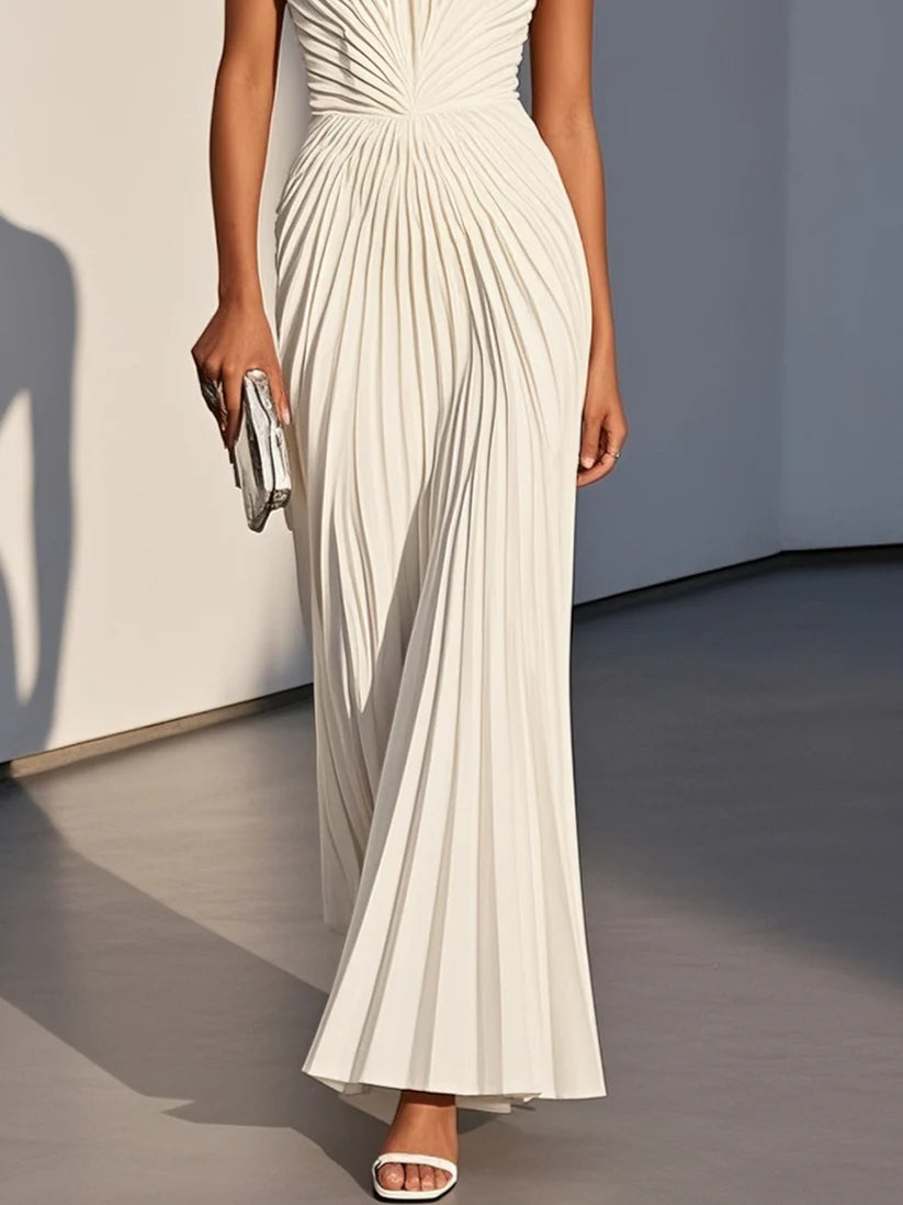 White Pleated Classic Strapless Sleeveless A-Line Maxi Dress