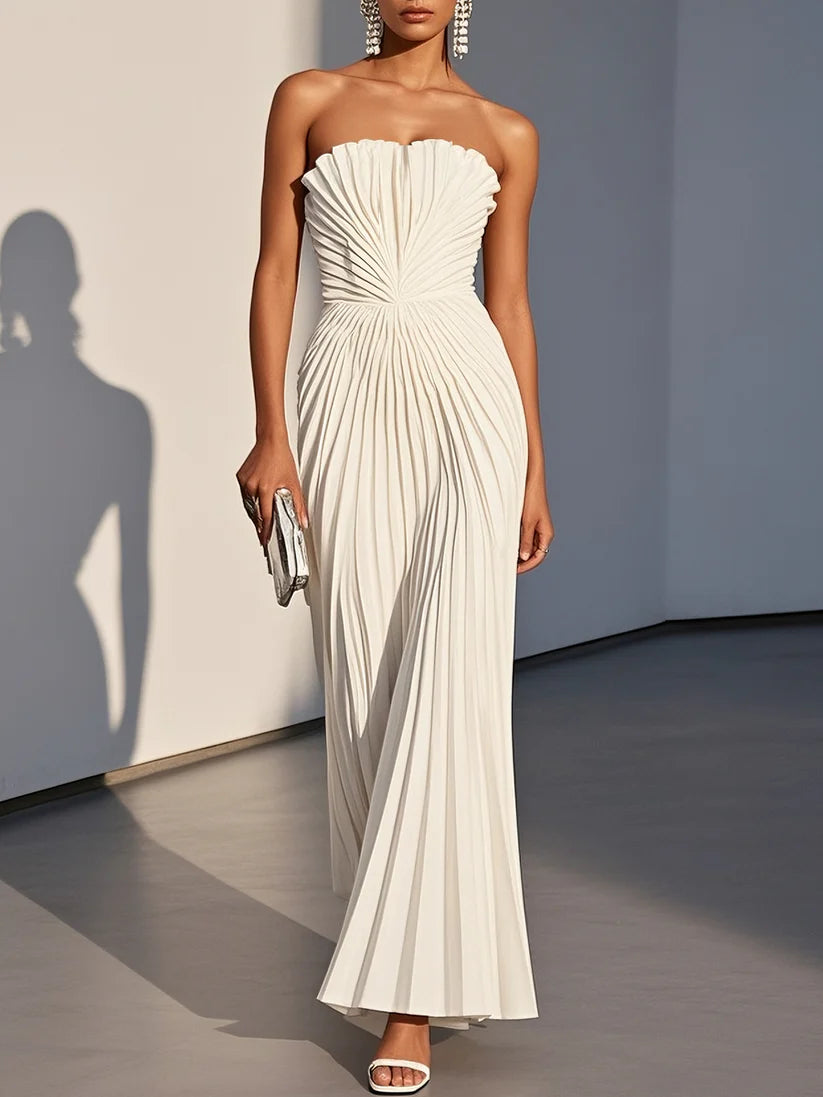 White Pleated Classic Strapless Sleeveless A-Line Maxi Dress